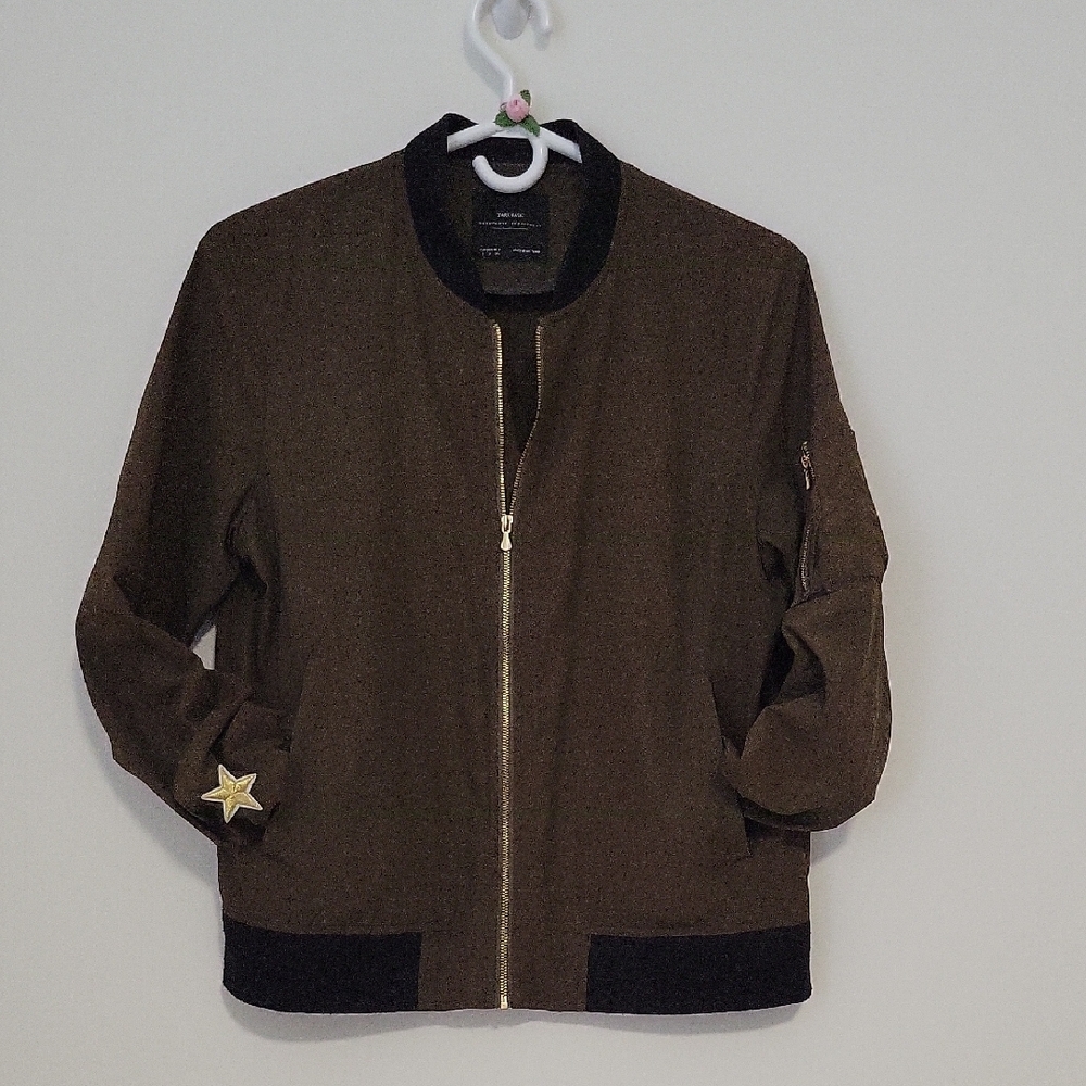 Zara Brown Bomber Jacket with Gold Star Detail